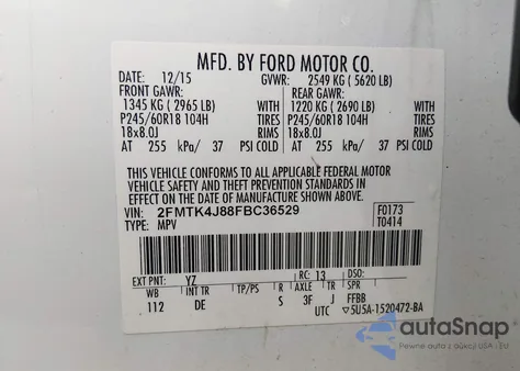 2015 Ford Edge Sel z USA, uszkodzony, nr VIN 2FMTK4J88FBC36529